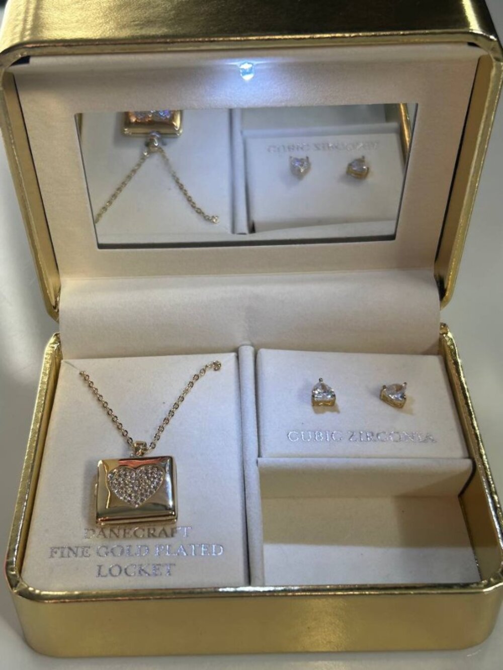 Danecraft Gold Plated Heart Locket Necklace & CZ Earrings Set